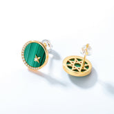 Round Malachite Star Moon Zircon Sterling Silver Stud Earrings
